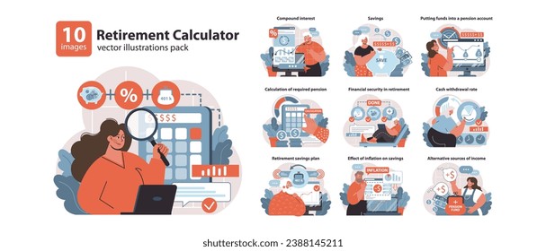 Retirement Calculator set. Navigating financial planning for golden years. Secure savings strategy, pension fund growth, managing retirement income. Flat vector illustration.