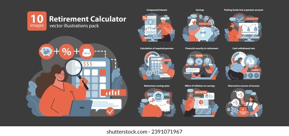 Conjunto de Calculadora de Jubilación. Navegar por la planificación financiera durante años dorados. Estrategia de ahorro segura, crecimiento de fondos de pensiones, gestión de los ingresos por jubilación. Ilustración vectorial plana.