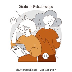 Retirement challenges concept. Elderly couple facing financial stress causing strain in relationship. Anxiety over expenses during retirement years. Vector illustration.