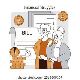 Retirement challenges concept. Elderly couple facing financial issues with bills and coins. Illustrating the struggles of managing finances post-retirement. Vector illustration.