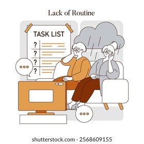 Retirement Challenges concept. Elderly couple facing uncertainty without daily structure. Adjusting to life changes, seeking purpose after work. Vector illustration.