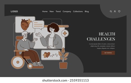 Retirement Challenges concept. Elderly individual discussing health issues with caregiver on a webpage. Insight into aging, medical care, and family support. Vector illustration.