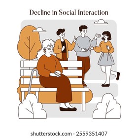 Retirement challenges concept. Elderly person experiences social disconnection as younger individuals engage with each other. Isolation affects mental health. Vector illustration.