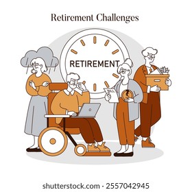 Retirement Challenges concept. Seniors facing financial, health, and emotional struggles with time ticking. Four elderly characters navigating post-work life. Vector illustration.