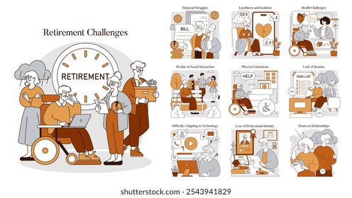 Retirement Challenges set. Elderly facing financial issues, isolation, health problems, and adapting to new technology. Coping with identity loss and routine change. Vector illustration.