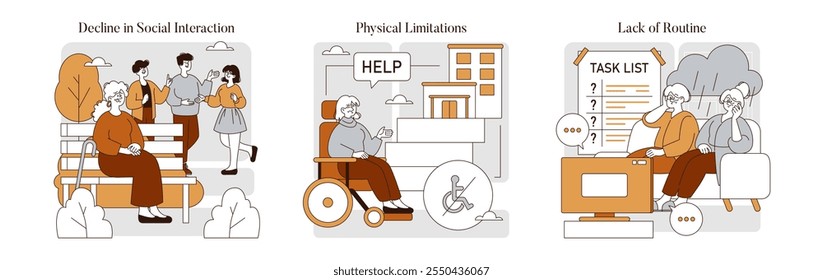 Retirement challenges set. Illustration capturing the loneliness, physical limitations, and disrupted routines faced by the elderly. Vector illustration.