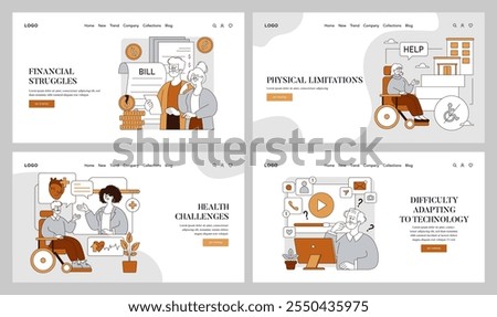 Retirement challenges set. Seniors face financial hardship, mobility restrictions, health issues, and tech adaptation. Vector illustration.
