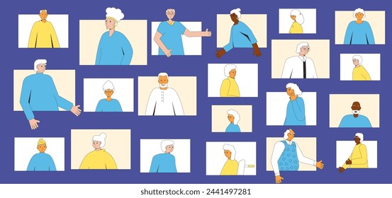 Retirement community helps for dealing with loneliness and boredom. Senior aged people remote communication. Elderly men and women have a conversation online. Vector illustration.