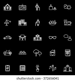 Retirement community line icons on black background, stock vector