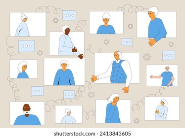 Retirement community. Senior aged people communication. Elderly men and women have a conversation online. Old friends talk. Vector flat illustration.