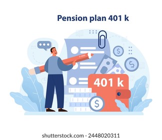 Concepto de jubilación. Hombre seguro de sí mismo que destaca la importancia de un Plan de pensiones de 401k. Ahorros seguros, alcancía cerrada, cartas financieras. Inversión futura, planificación estratégica. Vector plano.