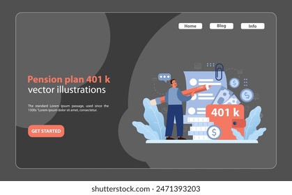 Retirement concept. Confident man highlighting the importance of a 401k pension plan. Secure savings, locked piggy bank, financial charts. Future investment, strategic planning. Flat vector.