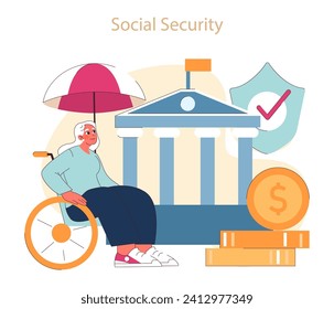 Retirement concept. Elderly person secured by social safety net, signifying government support. Serenity in golden years assured.