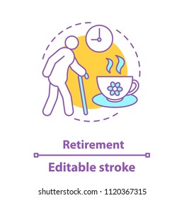 Retirement concept icon. Senility idea thin line illustration. Elderly. Old lady, tea cup and clock. Vector isolated outline drawing. Editable stroke