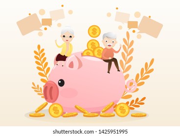 Retirement concept. Old man and woman with golden piggy bank. Carrying retirement savings pink piggy. Saving money for the future. vector, illustration.