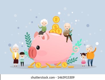 Retirement concept. Old man and woman with golden piggy bank. Carrying retirement savings pink piggy. Saving money for the future. vector, illustration.