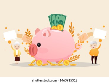 Retirement concept. Old man and woman with golden piggy bank. Carrying retirement savings pink piggy. Saving money for the future. vector, illustration.