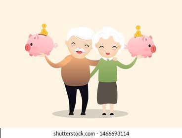 Retirement concept. Old man and woman with golden piggy bank. Carrying retirement savings pink piggy. Saving money for the future. vector, illustration.