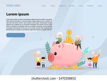 Retirement concept. Old man and woman with piggy bank. Carrying retirement savings pink piggy. Saving money for the future. vector, illustration.