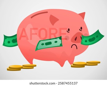 Retirement concept, piggy bank that is sad because it will have a poor retirement with the AFORE