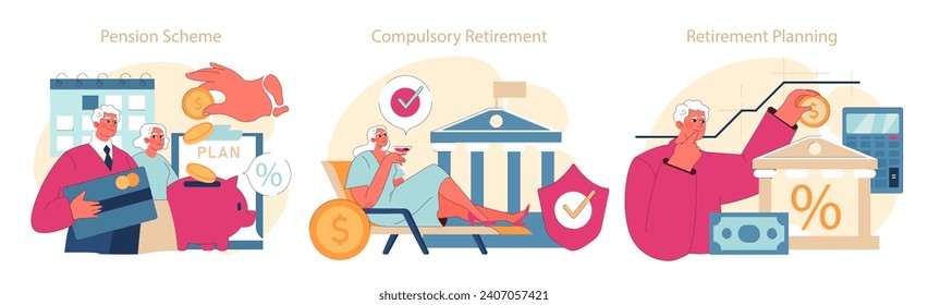 Retirement Essentials set. Depicting the journey of financial preparation from pension schemes to retirement planning.