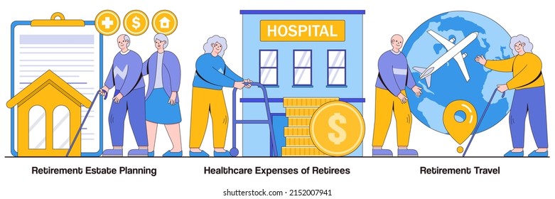 Retirement estate planning, healthcare expenses of retirees, retirement travel concepts with people characters. Privileges for pensioners, medical service, tourism abstract vector illustrations pack.