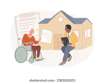 Retirement estate planning isolated concept vector illustration. Retirement living residence, estate planning, inheritance management, financial advisor and lawyer services vector concept.