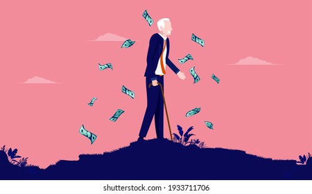 Retirement financial freedom - Retired senior man walking outdoors with money falling from the sky. Pension and economy concept. Vector illustration.