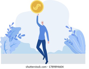 Retirement financial plan vector concept: old man with an US Dollar coin