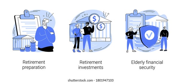 Retirement financial planning abstract concept vector illustration set. Retirement preparation, investments and elderly financial security, retiree budget, pension account, seniors abstract metaphor.