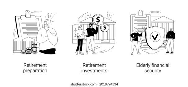 Retirement financial planning abstract concept vector illustration set. Retirement preparation, investments and elderly financial security, retiree budget, pension account, seniors abstract metaphor.