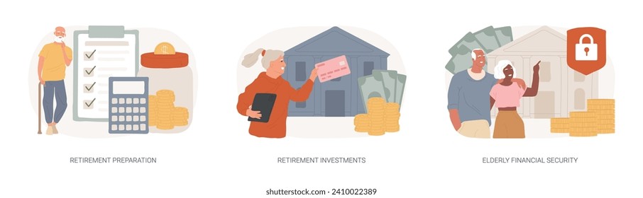 Retirement financial planning isolated concept vector illustration set. Retirement preparation, investments and elderly financial security, retiree budget, pension account, seniors vector concept.