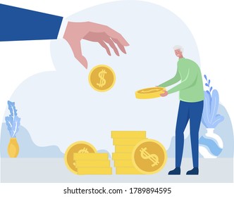 Retirement financial planning  vector concept: an elderly arranging and stacking coins given by a huge hand