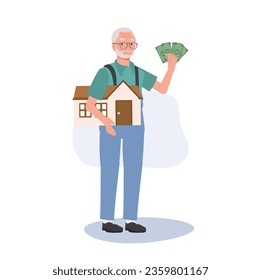  Konzept für den Ruhestand und die finanzielle Sicherheit. Wohlhabender älterer Mann mit House und Currency Fan.