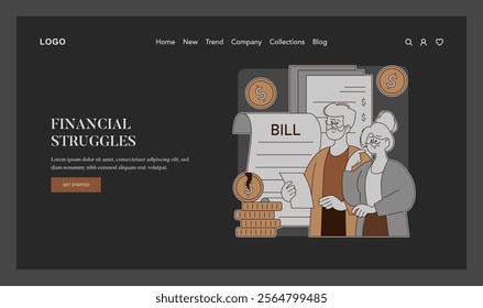 Retirement Financial Struggles concept. Illustration of an elderly couple looking concerned over bills with coins indicating money worries. Aging, budgeting, healthcare costs. Vector illustration.