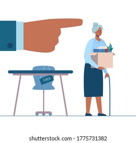 Retirement. Fired african person leaves the office with a box in his hands. Black woman without work.  Vector, flat. Dismissed employee, unemployment. Job loss due to crisis, robotics,economic decline