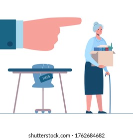 Retirement. Fired old person leaves the office with a box in his hands. Woman without work.  Vector, flat. Dismissed employee, unemployment. Job loss due to crisis, robotics, economic decline.