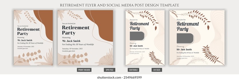 Retirement flyer, boho bohemian social media post design, banner, vector, pension, savings, plan, brochure, fund, magazine, traditional, old, elder citizen, party, free, senior, a4 template bundles.