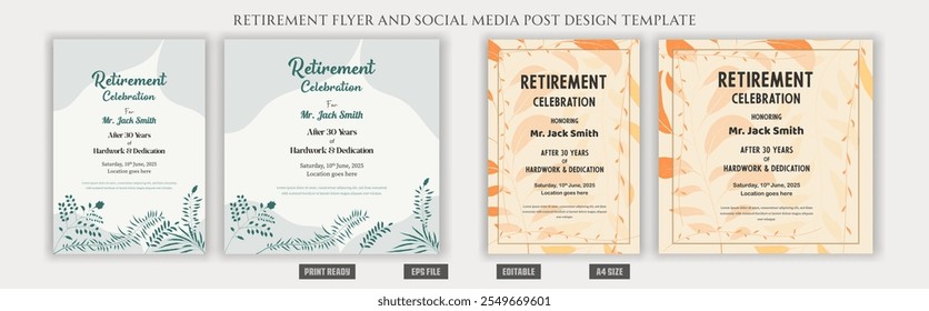 Retirement flyer, boho bohemian social media post design, banner, vector, pension, savings, plan, brochure, fund, magazine, traditional, old, elder citizen, party, free, senior, a4 template bundles.