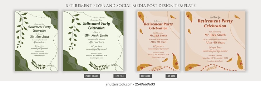 Retirement flyer, boho bohemian social media post design, banner, vector, pension, savings, plan, brochure, fund, magazine, traditional, old, elder citizen, party, free, senior, a4 template bundles.