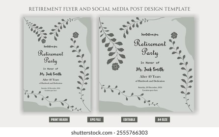 Retirement flyer celebration invitation set bohemian vintage boho traditional social media post design creative modern balloons brochure decoration trending happy ending element elder savings print.