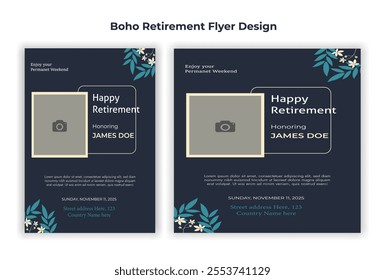 Retirement flyer. happy retirement party flyer. celebration. festive. boho. bohemian flyer. social media post design. retirement poster. retirement banner. vacation. pension. greeting card. confetti