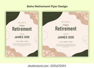 Retirement flyer Happy retirement flyer vintage traditional boho bohemian flyer celebration festive brochure natural clean fresh vector illustration modern old elder art retire card confetti happy