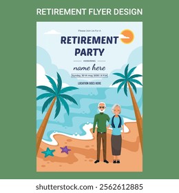  Retirement flyer. Happy retirement flyer. vintage, traditional, boho, bohemian flyer. celebration festive brochure natural clean fresh vector illustration modern old elder print ready templates.