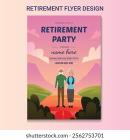 Retirement flyer. Happy retirement flyer. vintage, traditional, boho, bohemian flyer. celebration festive brochure natural clean fresh vector illustration modern old elder print ready templates.