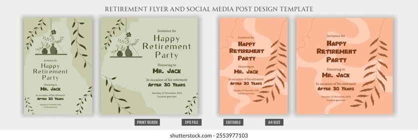 Retirement flyer poster happy celebration party creative elder boho bohemian brochure invitation set vector elements trending historical gardening scenery flower vase print ready eps templates.