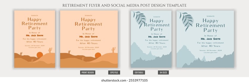 Retirement flyer poster happy celebration party creative elder boho bohemian brochure invitation set vector elements trending historical gardening scenery flower vase print ready eps templates.