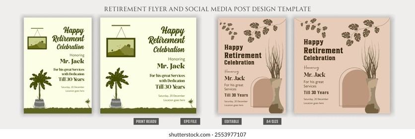 Retirement flyer poster happy celebration party creative elder boho bohemian brochure invitation set vector elements trending historical gardening scenery flower vase print ready eps templates.