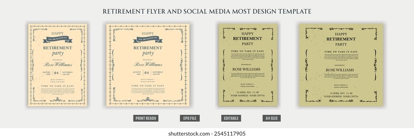 Retirement flyer, social media design template, old, elder, cool, peace, chill, illustration, funny, vintage, century, fashion, grand father, experience, retirement party, celebration, congratulations