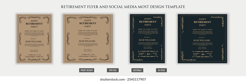 Retirement flyer, social media design template, old, elder, cool, peace, chill, illustration, funny, vintage, century, fashion, grand father, experience, retirement party, celebration, congratulations